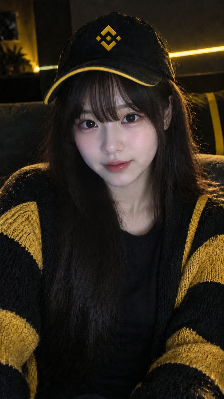 yoki in her room at night, wearing a black cap and a black and yellow striped cardigan
